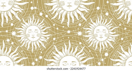 White sun with a face on a golden background, a seamless magical pattern for astrology, tarot, fortune telling. Beautiful vector ornament for packaging design.