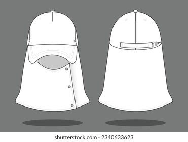White sun hat with protects face-neck template on gray background.Front and back view, vector file.