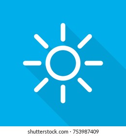 White sun icon in flat design. Vector illustration. Symbol of the sun with long shadow on blue background.