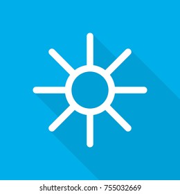 White sun icon in flat design. Vector illustration. Symbol of the sun with long shadow on blue background.