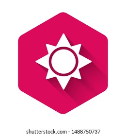 White Sun icon isolated with long shadow. Pink hexagon button. Vector Illustration