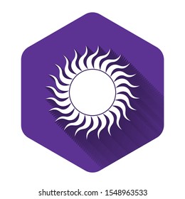 White Sun icon isolated with long shadow. Purple hexagon button. Vector Illustration