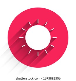 White Sun Icon Isolated With Long Shadow. Summer Symbol. Good Sunny Day. Red Circle Button. Vector Illustration