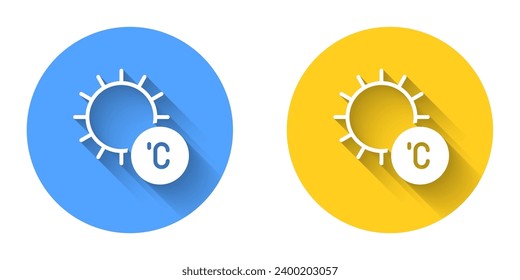 White Sun icon isolated with long shadow background. Circle button. Vector