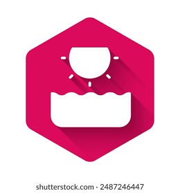 White Sun icon isolated with long shadow background. Pink hexagon button. Vector