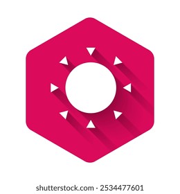 White Sun icon isolated with long shadow background. Summer symbol. Good sunny day. Pink hexagon button. Vector