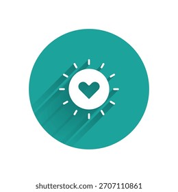 White Sun icon isolated with long shadow. Green circle button. Vector