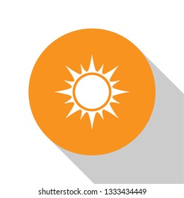 White Sun icon isolated on white background. Orange circle button. Flat design. Vector Illustration