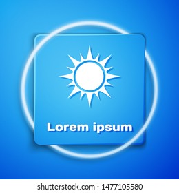 White Sun icon isolated on blue background. Blue square button. Vector Illustration