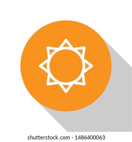 White Sun icon isolated on white background. Orange circle button. Vector Illustration