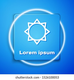 White Sun icon isolated on blue background. Blue square button. Vector Illustration