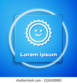 White Sun icon isolated on blue background. Blue square button. Vector Illustration