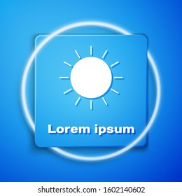 White Sun icon isolated on blue background. Blue square button. Vector Illustration