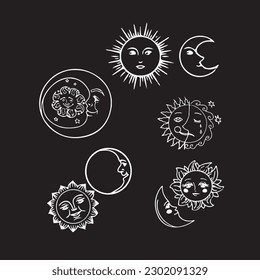 white sun and moon tattoo sketches with faces on a black background. Vector image