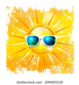 White sun on a yellow background. Hello summer. Vector illustration