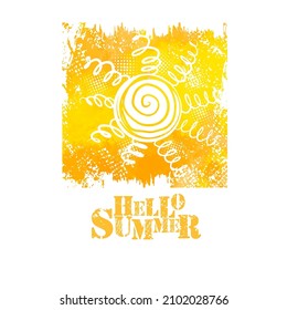 White sun on a yellow background. Hello summer. Vector illustration