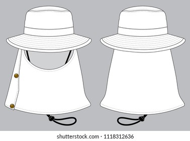 White Sun Protection Fishing Bucket Hat Vector With Face, Neck Flap.Front And Back Views