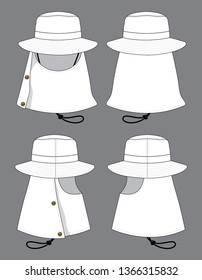 White Sun Protection Fishing Bucket Hat Vector For Template.Front, Back And Side Views.