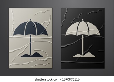 White Sun protective umbrella for beach icon isolated on crumpled paper background. Large parasol for outdoor space. Beach umbrella. Paper art style. Vector Illustration