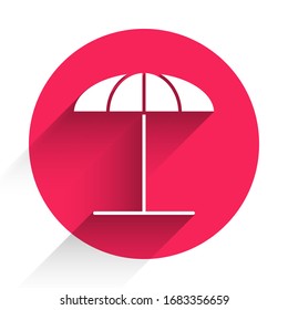 White Sun protective umbrella for beach icon isolated with long shadow. Large parasol for outdoor space. Beach umbrella. Red circle button. Vector Illustration