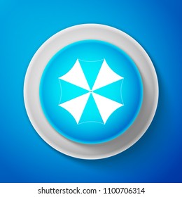 White Sun protective umbrella fo beach icon isolated on blue background. Large parasol for outdoor space. Beach umbrella. Picnic accessory. Circle blue button with white line. Vector Illustration