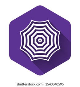 White Sun protective umbrella fo beach icon isolated with long shadow. Large parasol for outdoor space. Beach umbrella. Summer vacation or picnic accessory. Purple hexagon button. Vector Illustration