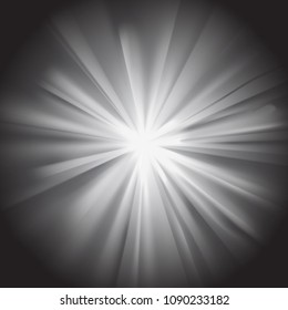 White sun rays with flare on dark background. Glaring effect with transparency. Vector illustration
