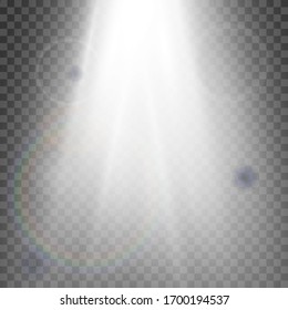 White sun rays and glow light effect on transparent background. Vector illustration.