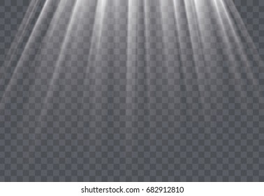 White sun rays and glow light effect on transparent background. Vector illustration.