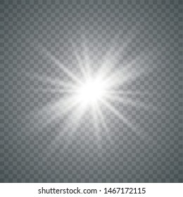 White sun with rays and glow on transparent like background. Contains clipping mask. glow light. Vector illustration eps 10.