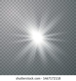 White sun with rays and glow on transparent like background. Contains clipping mask. glow light. Vector illustration eps 10.