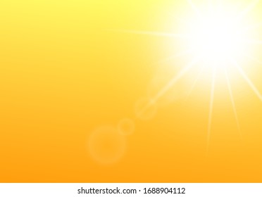 White sun rays on golden yellow sky background - blank banner with hot sunny weather backdrop. Realistic sun rays and beams with lens flare - vector illustration