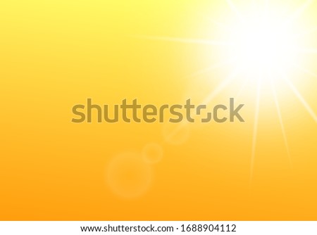 White sun rays on golden yellow sky background - blank banner with hot sunny weather backdrop. Realistic sun rays and beams with lens flare - vector illustration
