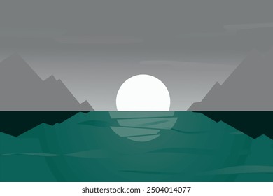 white sun sunset into water, mountains, sky, clouds simple vector illustration