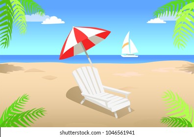 White sunbed with striped umbrella isolated on sandy beach with green palm leaves near sea with floating sailboat vector illustration