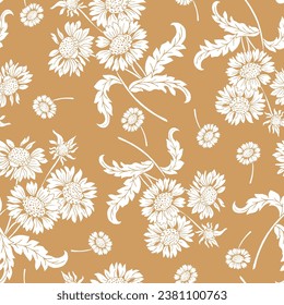 girasoles blancos de fondo marrón pastel sin costura. Hojas, girasoles, flores. Perfecto para otoño, verano, Acción de Gracias, vacaciones, tela, textil. Estilo plano vectorial

