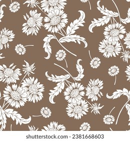 girasoles blancos sobre fondo marrón pastel sin costura. Hojas, girasoles, flores. Perfecto para otoño, verano, Acción de Gracias, vacaciones, tela, textil. Estilo plano vectorial

