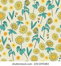 White sunflowers seamless vector pattern. Sunflowers with leaves on white background.