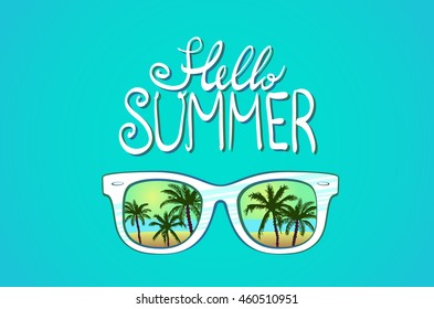 White Sunglasses reflection sunset at palm tree landscape scene in light blue studio,Summer Time concept,Leave space for adding your content or text