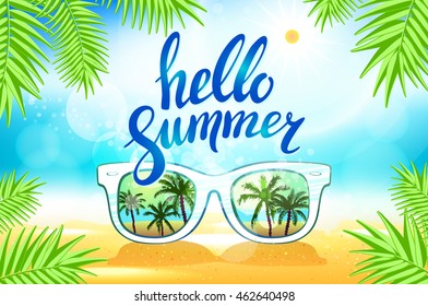 White Sunglasses reflection sunset at palm tree landscape scene in light blue studio, Summer Time concept, Leave space for adding your content or text vector art