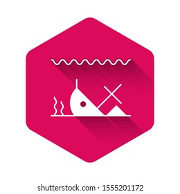 White Sunken ship at the bottom of the sea icon isolated with long shadow. Pink hexagon button. Vector Illustration