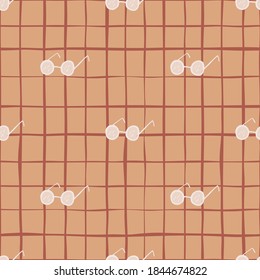 White sunlasses simple elements seamless doodle pattern. Orange chequered background. Fashion backdrop. Great for fabric design, textile print, wrapping, cover. Vector illustration.