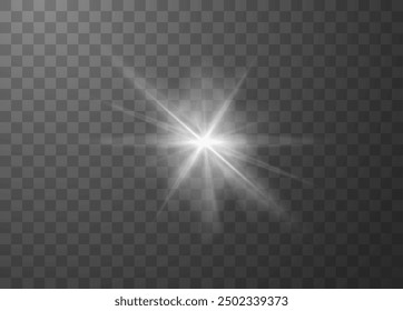 White sunlight glare radiance effect vector illustration. Shining light beam. Dazzling flash, bright rays starlight flare isolated on transparent background. Realistic star burst with blur