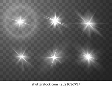 White sunlight glare radiance effect with blur vector illustrations set. Shining light beam. Dazzling flash, bright rays starlight flare isolated on transparent background. Realistic star burst