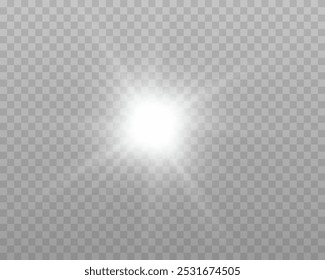 Destello blanco de la lente de la luz del sol, flash del sol con los rayos y el proyector. Explosión de ráfaga brillante de plata sobre un fondo transparente. Ilustración vectorial.