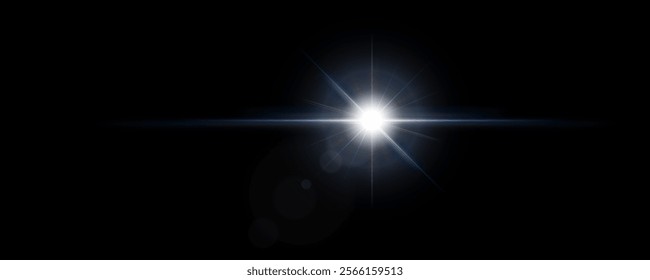 White sunrays shining on black background with bokeh, Sunburst sparkling in dark, camera flash glowing golden lines at night, beautiful light rays particles abstract pattern, phenomenon in space.