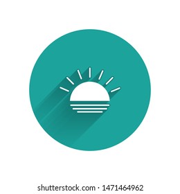 White Sunset icon isolated with long shadow. Green circle button. Vector Illustration
