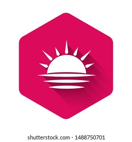 White Sunset icon isolated with long shadow. Pink hexagon button. Vector Illustration