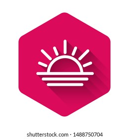 White Sunset icon isolated with long shadow. Pink hexagon button. Vector Illustration