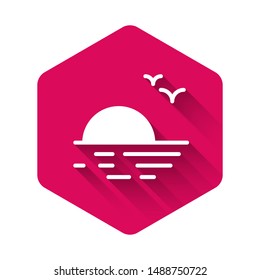 White Sunset icon isolated with long shadow. Pink hexagon button. Vector Illustration